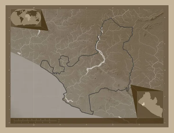 Montserrado Libéria Megye Magassági Térkép Színes Szépia Tónusok Folyók Saroktérképek — Stock Fotó