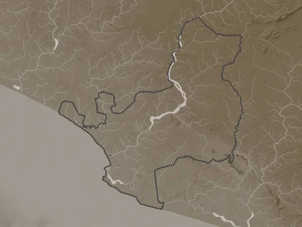 Montserrado Provincie Liberia Hoogtekaart Gekleurd Sepia Tinten Met Meren Rivieren — Stockfoto