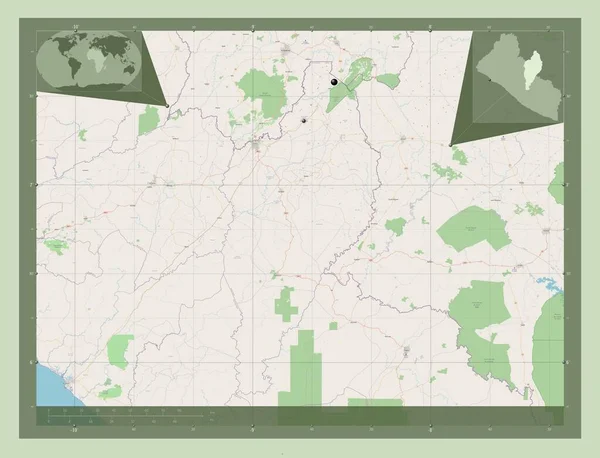 利比里亚宁巴州 开放街道地图 该区域主要城市的所在地点 角辅助位置图 — 图库照片
