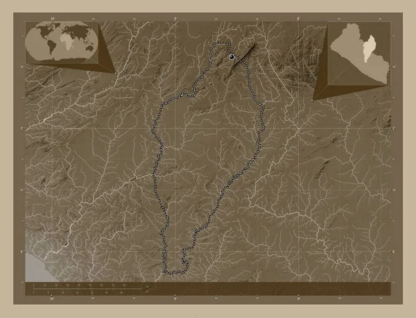 Nimba Okres Libérie Zdvihová Mapa Zbarvená Sépiovými Tóny Jezery Řekami — Stock fotografie