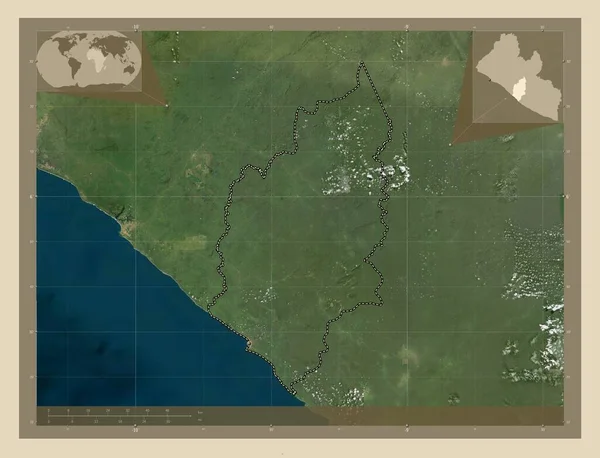 リベリア共和国のセス川 高解像度衛星地図 地域の主要都市の場所 コーナー補助位置図 — ストック写真