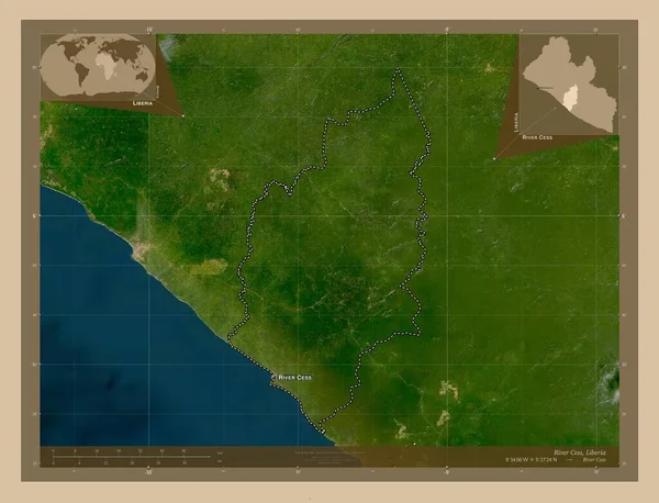 利比里亚县塞斯河 低分辨率卫星地图 该区域主要城市的地点和名称 角辅助位置图 — 图库照片
