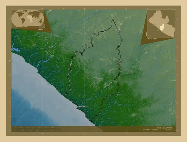 リベリア共和国のセス川 湖や川と色の標高マップ 地域の主要都市の位置と名前 コーナー補助位置図 — ストック写真