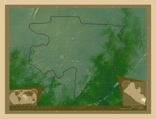 Rzeka Gee Hrabstwo Liberia Kolorowa Mapa Wzniesień Jeziorami Rzekami Lokalizacje — Zdjęcie stockowe