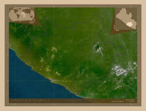 利比里亚锡诺州 低分辨率卫星地图 该区域主要城市的地点和名称 角辅助位置图 — 图库照片