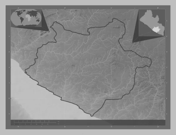 Sinoe Provincie Liberia Grayscale Hoogte Kaart Met Meren Rivieren Hulplocatiekaarten — Stockfoto