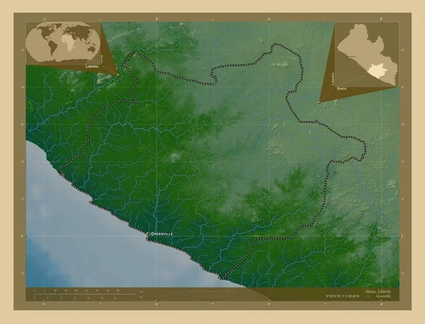 利比里亚锡诺州 有湖泊和河流的彩色高程图 该区域主要城市的地点和名称 角辅助位置图 — 图库照片