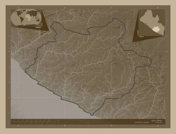 Sinoe County Liberia Elevation Map Colored Sepia Tones Lakes Rivers — Stock Photo, Image