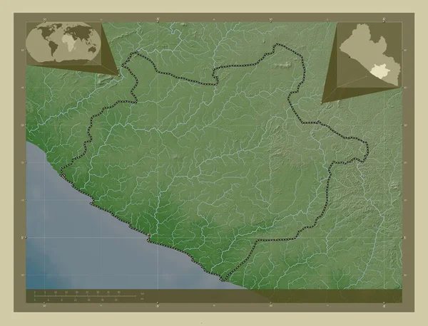 利比里亚锡诺州 用Wiki风格绘制的带有湖泊和河流的高程地图 该区域主要城市的所在地点 角辅助位置图 — 图库照片