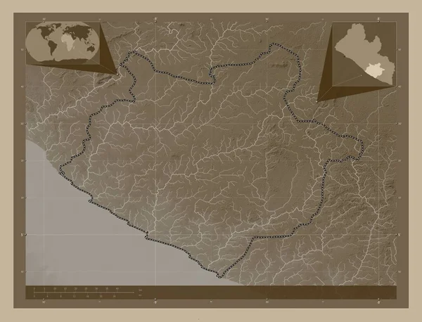 Sinoe Hrabstwo Liberia Mapa Elewacji Kolorowe Sepia Dźwięki Jeziorami Rzekami — Zdjęcie stockowe