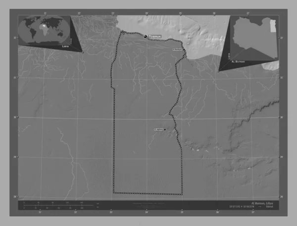 Butnan District Libië Hoogteplattegrond Met Meren Rivieren Locaties Namen Van — Stockfoto