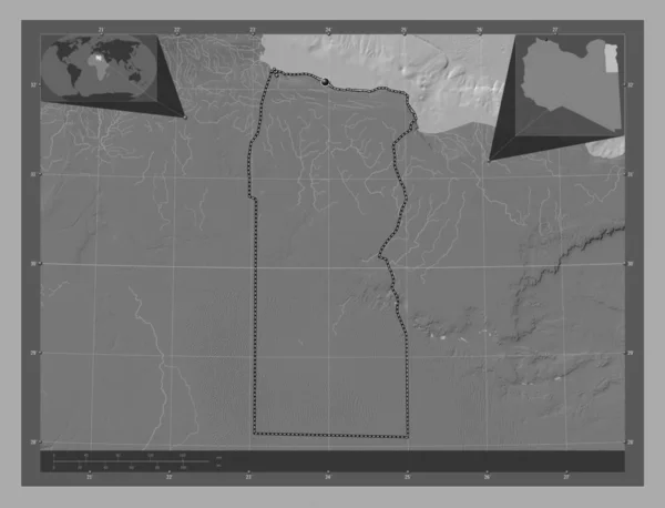 リビアのアル ブナン地区 湖や川と二階の標高マップ コーナー補助位置図 — ストック写真