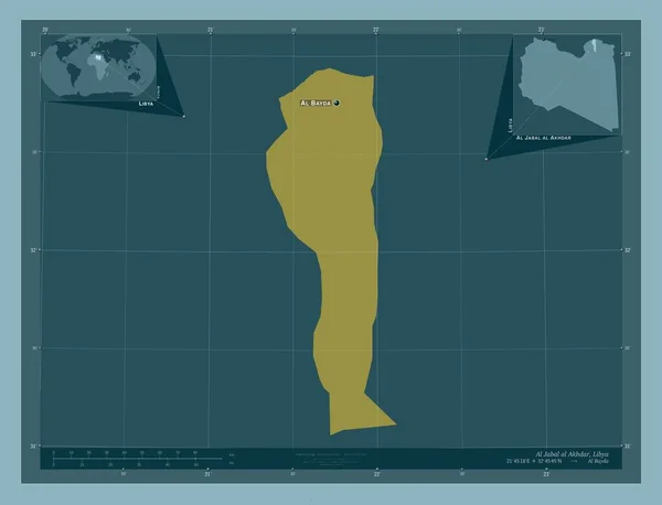 リビアのアル ジャバル アクダール地区 しっかりした色の形 地域の主要都市の位置と名前 コーナー補助位置図 — ストック写真