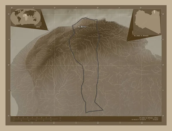リビアのアル ジャバル アクダール地区 湖や川とセピアトーンで着色された標高マップ 地域の主要都市の位置と名前 コーナー補助位置図 — ストック写真