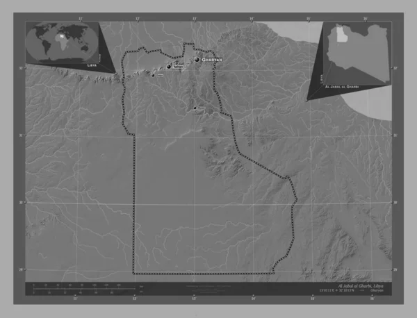 Jabal Gharbi District Libië Hoogteplattegrond Met Meren Rivieren Locaties Namen — Stockfoto