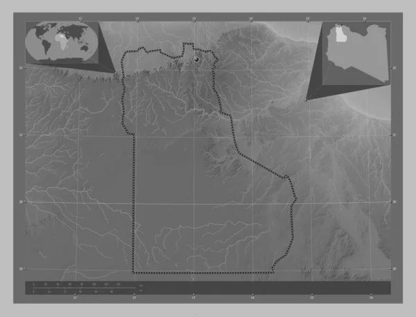 リビアの地区 ジャバル ガルビ 湖や川とグレースケールの標高マップ コーナー補助位置図 — ストック写真