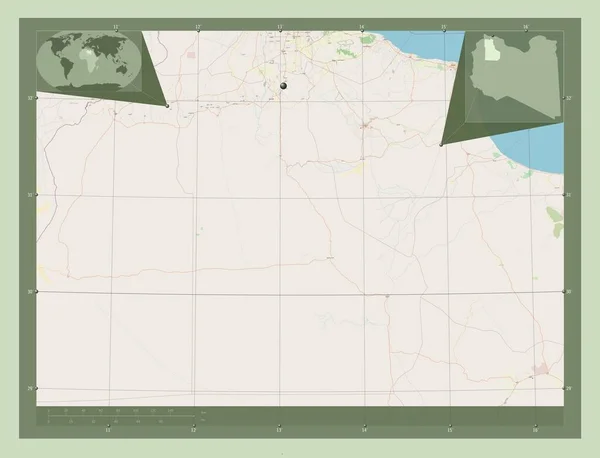 リビアの地区 ジャバル ガルビ ストリートマップを開く コーナー補助位置図 — ストック写真