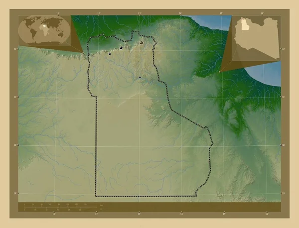 リビアの地区 ジャバル ガルビ 湖や川と色の標高マップ 地域の主要都市の場所 コーナー補助位置図 — ストック写真