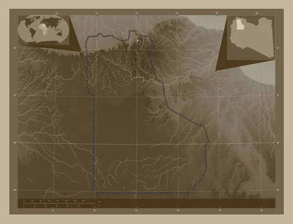 Jabal Gharbi District Libya Elevation Map Colored Sepia Tones Lakes — Stock Photo, Image