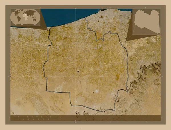 リビアのアル フィファラー地区 低解像度衛星地図 地域の主要都市の場所 コーナー補助位置図 — ストック写真