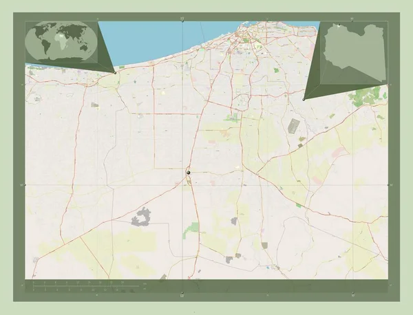 リビアのアル フィファラー地区 ストリートマップを開く 地域の主要都市の場所 コーナー補助位置図 — ストック写真