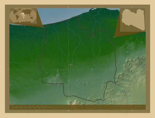 Jifarah Distrito Líbia Mapa Elevação Colorido Com Lagos Rios Mapa — Fotografia de Stock