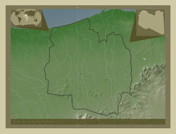 Jifarah Distrito Líbia Mapa Elevação Colorido Estilo Wiki Com Lagos — Fotografia de Stock