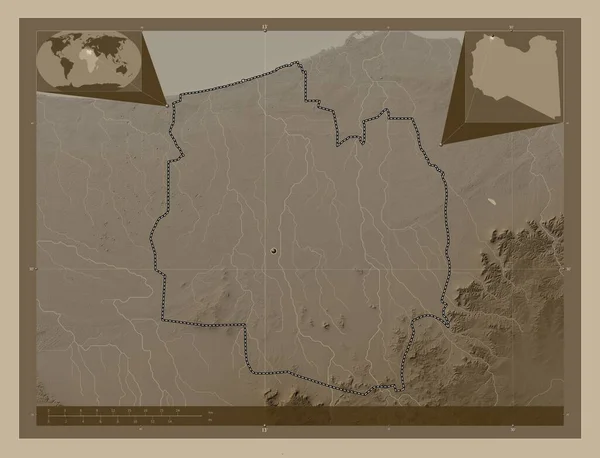 Аль Джифара Район Ливии Карта Высоты Окрашенная Сепиевые Тона Озерами — стоковое фото