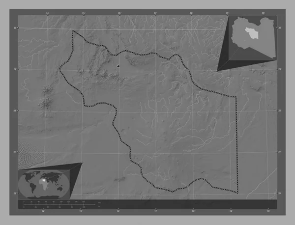 リビアのアル フラッシュ地区 湖や川と二階の標高マップ コーナー補助位置図 — ストック写真