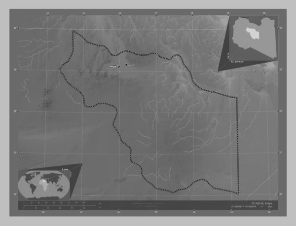 Jufrah Distriktet Libyen Grayscale Höjdkarta Med Sjöar Och Floder Platser — Stockfoto