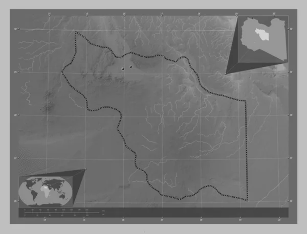 リビアのアル フラッシュ地区 湖や川とグレースケールの標高マップ 地域の主要都市の場所 コーナー補助位置図 — ストック写真