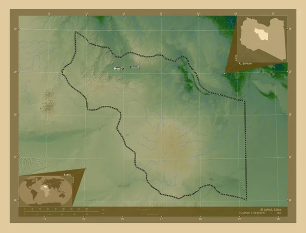Jufrah District Libië Gekleurde Hoogtekaart Met Meren Rivieren Locaties Namen — Stockfoto