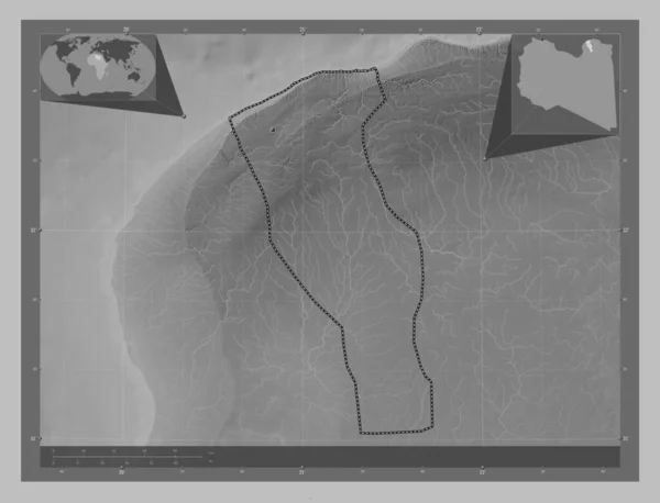Аль Мардж Район Лівії Граймасштабна Мапа Висот Озерами Річками Кутові — стокове фото