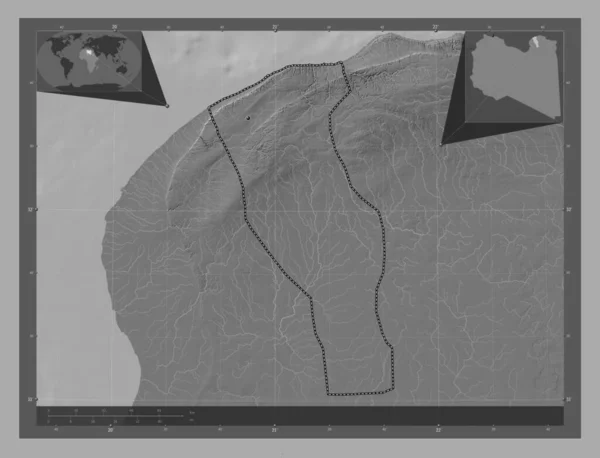 Marj Distrito Libia Mapa Elevación Bilevel Con Lagos Ríos Ubicaciones — Foto de Stock