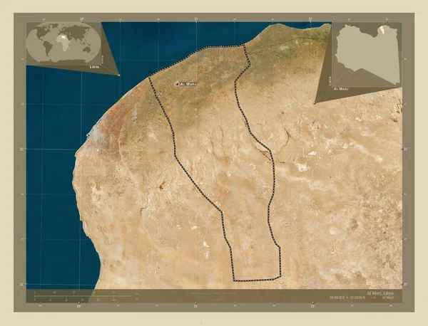 リビアのアル マルジ地区 高解像度衛星地図 地域の主要都市の位置と名前 コーナー補助位置図 — ストック写真