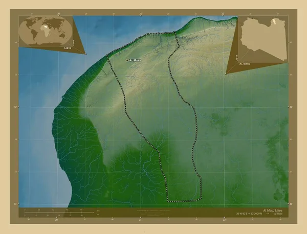 Marj District Libië Gekleurde Hoogtekaart Met Meren Rivieren Locaties Namen — Stockfoto