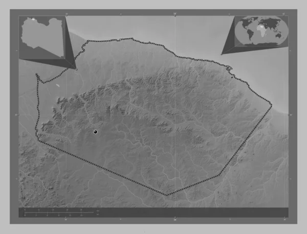 Marqab Distrito Líbia Mapa Elevação Escala Cinza Com Lagos Rios — Fotografia de Stock