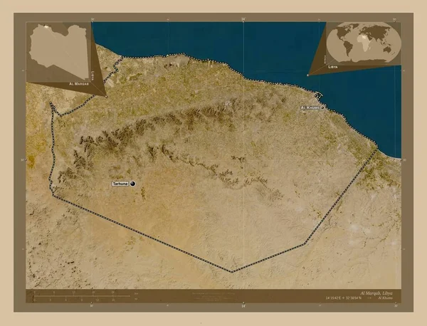 リビアのアル マルカブ地区 低解像度衛星地図 地域の主要都市の位置と名前 コーナー補助位置図 — ストック写真