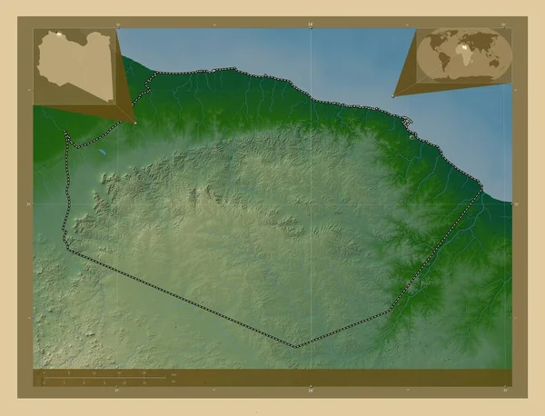 Marqab District Libya Colored Elevation Map Lakes Rivers Corner Auxiliary — Stock Photo, Image