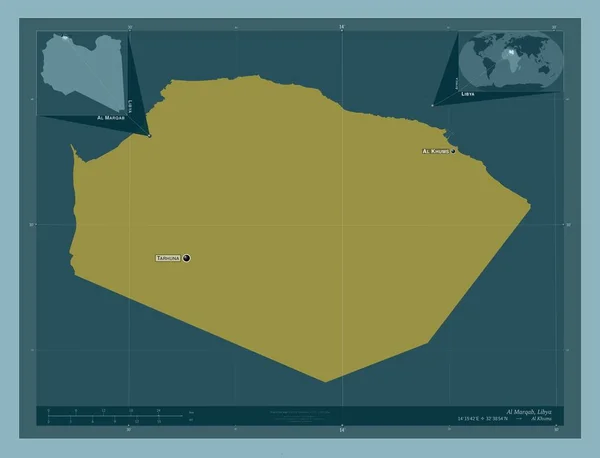 リビアのアル マルカブ地区 しっかりした色の形 地域の主要都市の位置と名前 コーナー補助位置図 — ストック写真