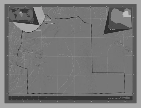 リビアのアル ワハット地区 湖や川と二階の標高マップ 地域の主要都市の位置と名前 コーナー補助位置図 — ストック写真