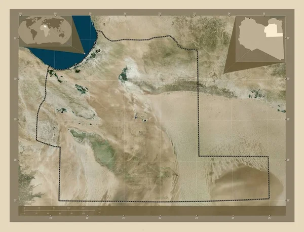リビアのアル ワハット地区 高解像度衛星地図 地域の主要都市の場所 コーナー補助位置図 — ストック写真