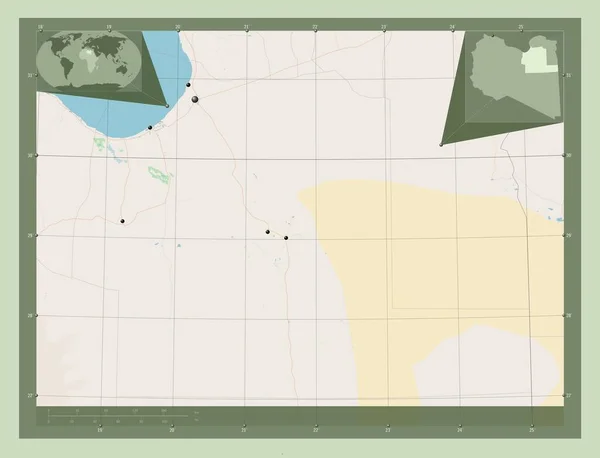 リビアのアル ワハット地区 ストリートマップを開く 地域の主要都市の場所 コーナー補助位置図 — ストック写真