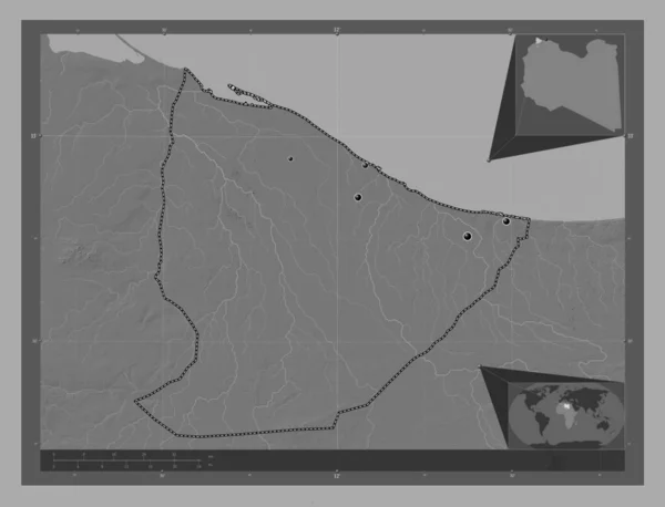 リビアの地方のNuqat Kams 湖や川と二階の標高マップ 地域の主要都市の場所 コーナー補助位置図 — ストック写真
