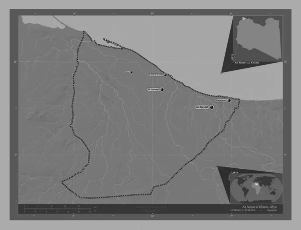Een Nuqat Khams District Libië Hoogteplattegrond Met Meren Rivieren Locaties — Stockfoto