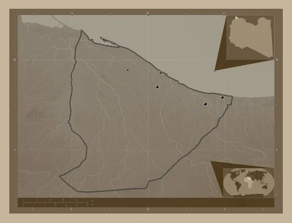 Nuqat Khams District Libya Elevation Map Colored Sepia Tones Lakes — Stock Photo, Image