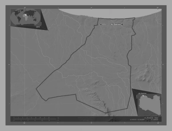 Zawiyah Distretto Della Libia Mappa Dell Elevazione Bilivello Con Laghi — Foto Stock