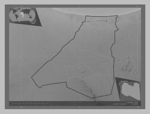 Завія Район Лівії Граймасштабна Мапа Висот Озерами Річками Місця Розташування — стокове фото