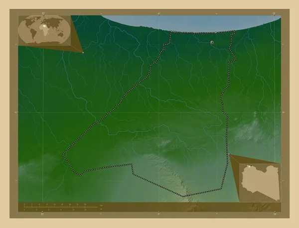 Zawiyah District Libië Gekleurde Hoogtekaart Met Meren Rivieren Hulplocatiekaarten Hoek — Stockfoto