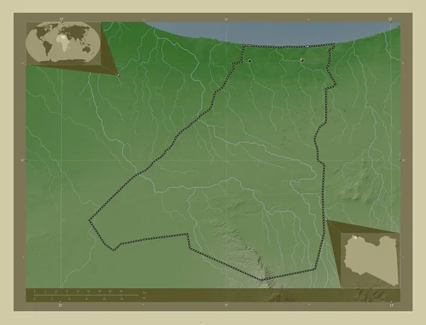 Zawiyah Distrito Líbia Mapa Elevação Colorido Estilo Wiki Com Lagos — Fotografia de Stock